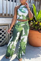 Green Sexy Print Patchwork Half A Turtleneck Sleeveless Two Pieces