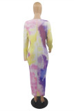 Multicolor Fashion Casual Plus Size Tie Dye Printing O Neck Long Sleeve Kleider