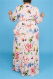 Rosa Mode Casual Plus Size Print med bälte V-hals långärmade klänningar