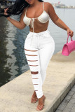 White Fashion Casual Solid Ripped High Waist Skinny Denim Jeans