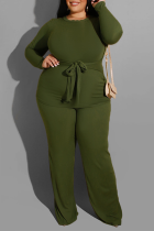 Army Green Casual Solid Patchwork O Neck Plus Size Two Pieces
