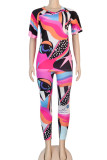 Colour Street Print Patchwork O Neck Short Sleeve Two Pieces
