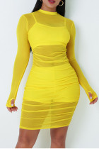 Amarillo sexy sólido patchwork transparente pliegue o cuello manga larga tres piezas
