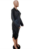 Mode noire sexy grande taille solide patchwork fermeture éclair col robes à manches longues