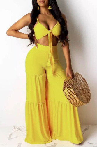 Yellow Sexy Solid Patchwork Knotted Spaghetti Strap Sleeveless Two Pieces