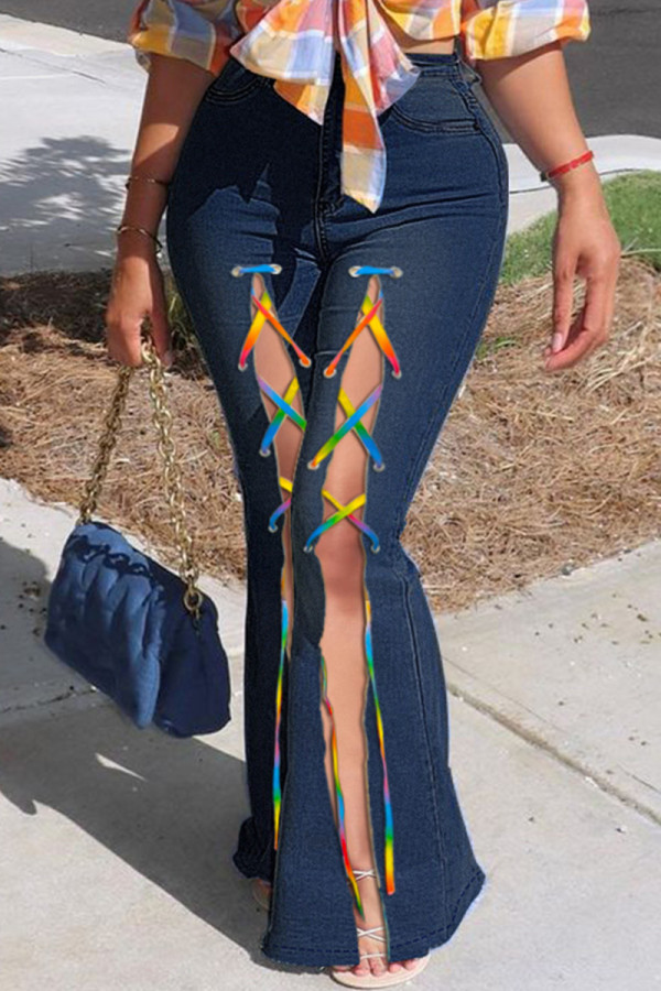 Mörkblå Mode Casual Solid Bandage Slits Hög midja Vanliga jeans