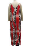 Tangerine Red Casual Print Patchwork Spaghetti Strap Robes droites