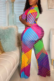 Colour Sexy Striped Print Patchwork With Belt V Neck Plus Size Jumpsuits