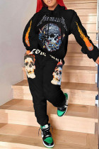 Grijze Mode Casual Print Skull Hooded Kraag Lange Mouw Twee Stukken