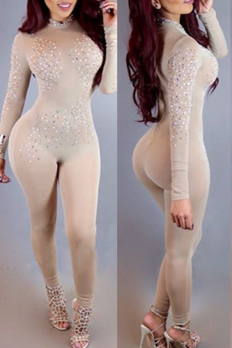 Apricot Fashion Casual Solid Hot Drill Half A Turtleneck Skinny Jumpsuits
