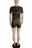 Army Green Casual Solid Patchwork Cardigan Zipper Hooded Collar Short Sleeve Two Pieces