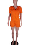 Tangerine Casual Solid Patchwork Cardigan Zipper Hooded Collar Short Sleeve Two Pieces