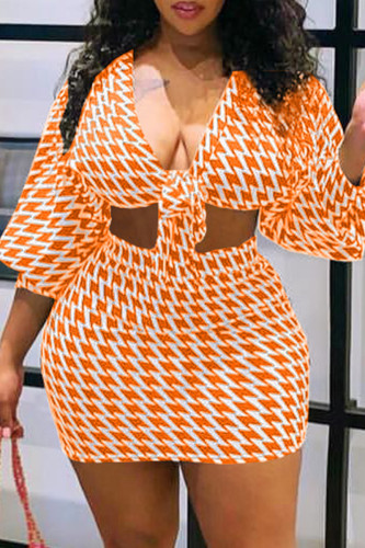 Oranje Sexy Casual Print Bandage V-hals Plus Size Two Pieces
