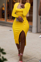 Желтые сексуальные повседневные однотонные платья с длинным рукавом и квадратным вырезом с разрезом