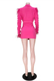 Розово-красная модная повседневная лоскутная однотонная асимметричная верхняя одежда с отложным воротником