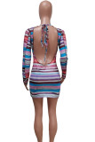 Brown Fashion Sexy Striped Print Backless O Neck Long Sleeve Dresses