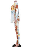 Yellow Casual Print Tie Dye Patchwork Backless Knotted O Neck Long Sleeve Two Pieces