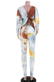 Yellow Casual Print Tie Dye Patchwork Backless Knotted O Neck Long Sleeve Two Pieces