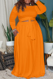 Оранжевый модный повседневный однотонный бандаж с круглым вырезом плюс размер из двух частей