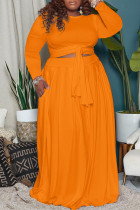オレンジファッションカジュアルソリッド包帯Oネックプラスサイズツーピース
