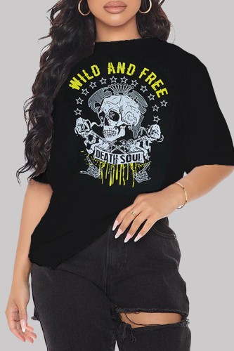 Black Fashion Casual Print Basic O Neck T-Shirts