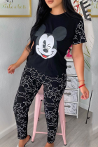 Schwarz Casual Print Patchwork O-Ausschnitt Kurzarm Zweiteiler