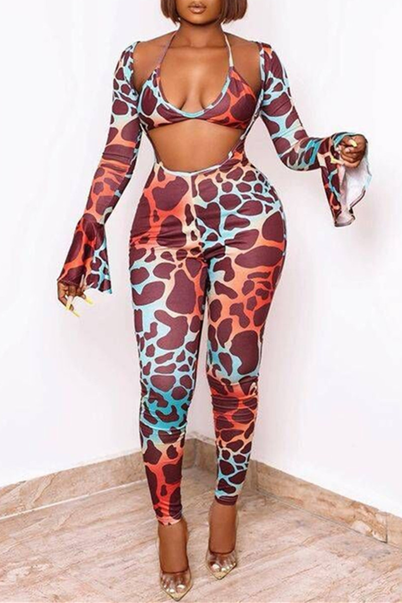 

Multicolor Fashion Sexy Print Hollowed Out V Neck Skinny Jumpsuits (With Bra)