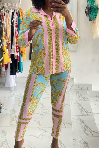 Pink Fashion Casual Print Basic Turndown Collar Long Sleeve Two Pieces