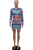 Brown Fashion Sexy Striped Print Backless O Neck Long Sleeve Dresses