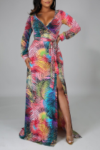 Veelkleurige sexy print patchwork v-hals onregelmatige jurkjurken