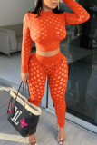 Orange Sexy Solid Hollowed Out Patchwork O Neck Long Sleeve Two Pieces