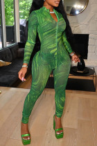 グリーンファッションカジュアルプリントベーシックジッパーカラー長袖スキニージャンプスーツ