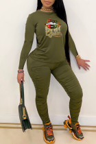 Army Green Fashion Casual Print Fold O Neck Langarm Zweiteiler