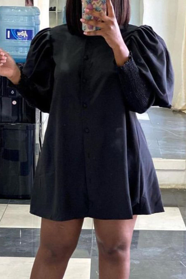 Черные уличные однотонные платья-рубашки с отложным воротником и пряжкой в ​​стиле пэчворк