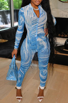 Macacão skinny com estampa casual moda azul básica com zíper manga longa