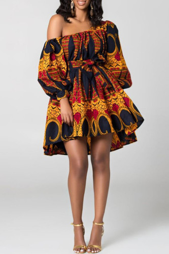 Orange Sexy Print Patchwork One Shoulder Cake Skirt Dresses