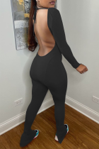 Black Sexy Solid Backless Square Collar Skinny Jumpsuits