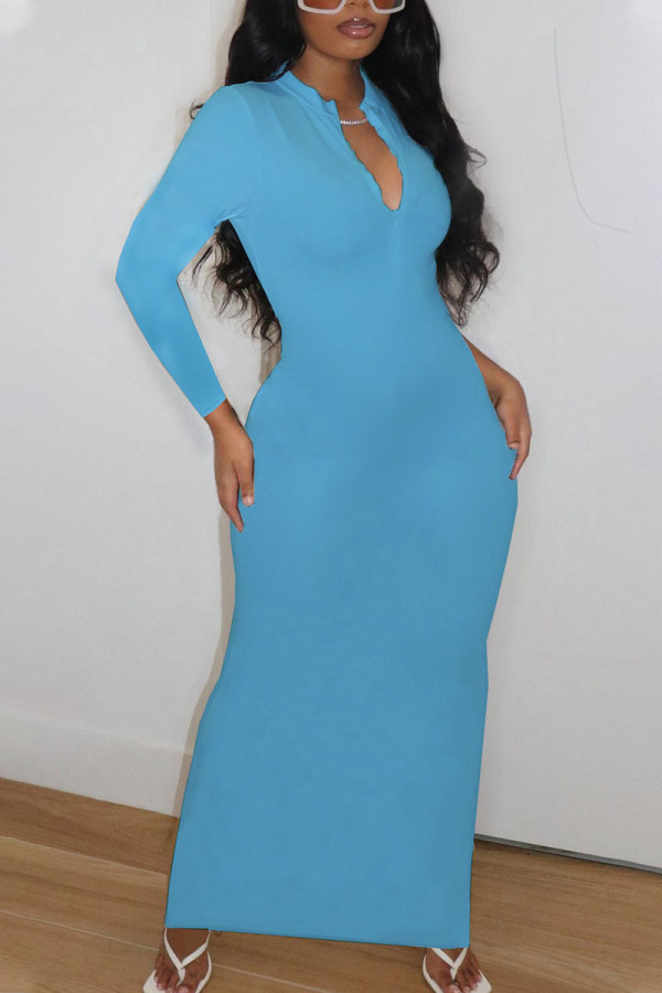 ブルーカジュアルソリッドパッチワークジッパーカラーペンシルスカートドレス