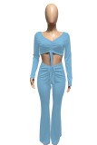 Bleu clair Fashion Casual Solid Draw String V Neck Long Sleeve Two Pieces