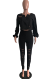 Black Casual Solid Ripped V Neck Long Sleeve Two Pieces