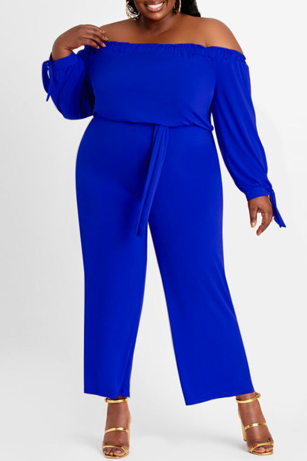 Macacão plus size azul fashion casual sólido sem costas fora do ombro