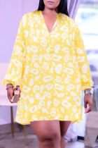 Gelb Mode Casual Print Basic V-Ausschnitt Langarm Kleider in Übergröße