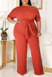 Lake Green Mode Casual Solid Backless med bälte Sned krage Plus Size Jumpsuits
