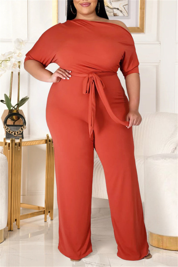 Orange Fashion Casual Solid Backless mit Gürtel Schrägkragen Plus Size Jumpsuits