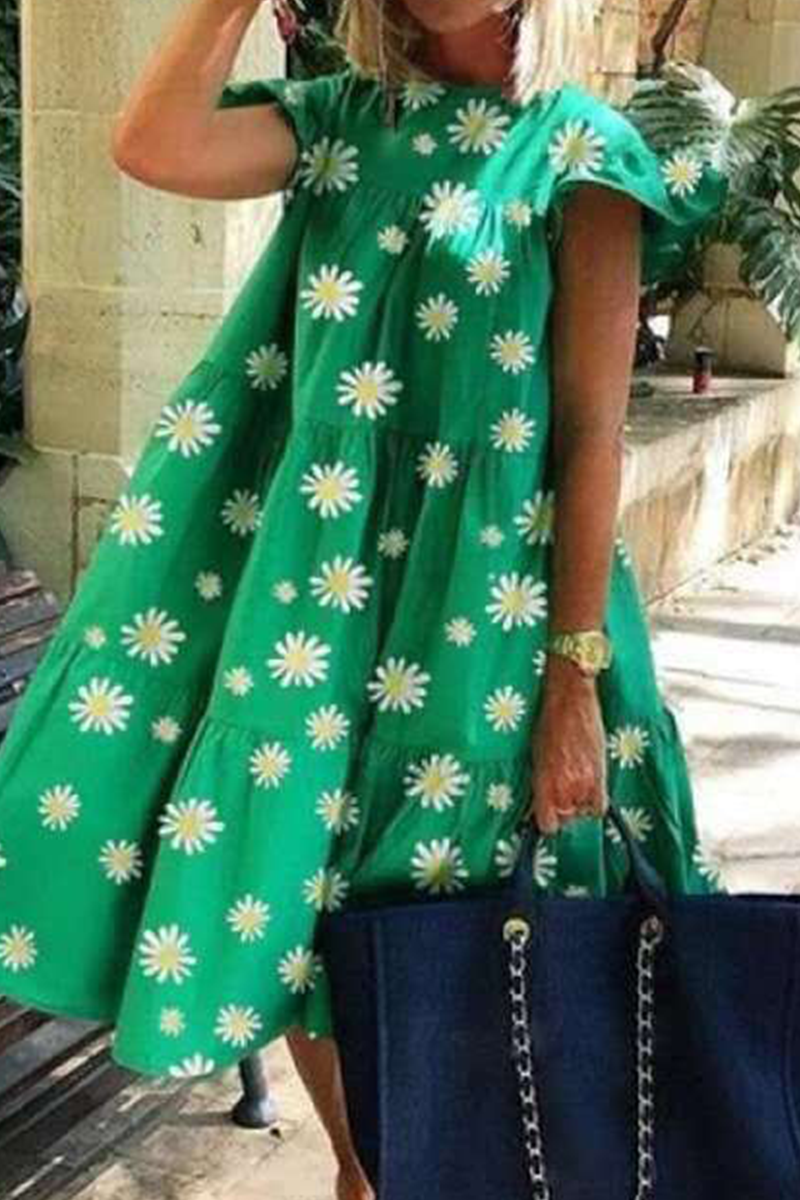 

Fruit Green Casual Print Split Joint O Neck Cake Skirt Dresses