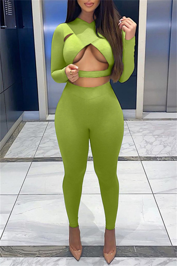 Grüne Mode Sexy Solide Ausgehöhlte V-Ausschnitt Langarm Zwei Stücke