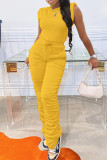 Yellow Casual Solid Patchwork Fold O Neck Sleeveless Two Pieces