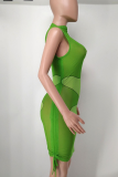 Green Sexy Solid Patchwork Half A Turtleneck Pencil Skirt Dresses