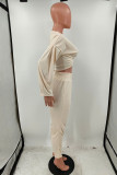 Бежевый Модный Повседневный Однотонный Базовый V-образный вырез с длинным рукавом Из двух частей