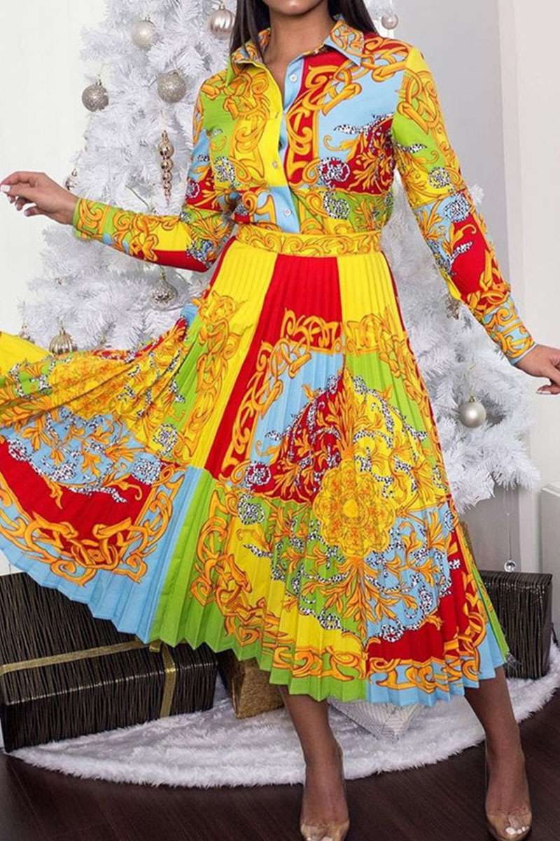 

Yellow Elegant Print Split Joint Buckle Turndown Collar Long Sleeve Dresses